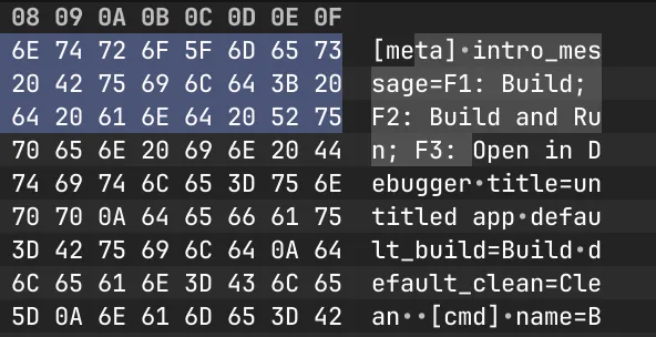 A screenshot of a hex editor, built from a single virtual text view. There is a region displaying the hex values and a region displaying the ASCII equivalent. Some of the values are selected.